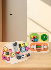 Detailed close-up of Montessori wooden busy boards for baby fine motor skill training
