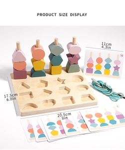 Detailed product size display of wooden geometric stacking toy with base and colorful blocks
