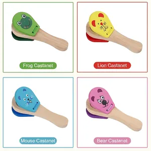 Wooden animal castanets set for kids including frog lion mouse and bear designs