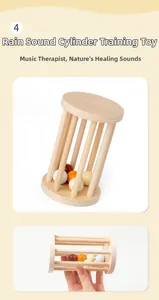 Detailed view of natural wooden rainmaker toy with colorful beads for kids music training
