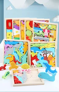 Close-up of colorful wooden 3D animal puzzles featuring rounded edges for toddler safety