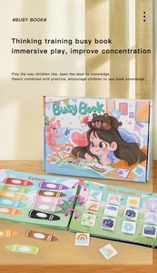 Detailed view of Montessori busy book showing color matching and weather cognitive modules