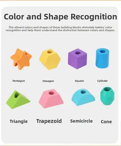 Vue détaillée de 8 blocs géométriques en bois colorés pour l'éveil des enfants