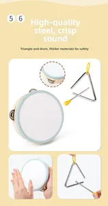 Detail of blue tambourine and steel triangle iron musical instruments for early education
