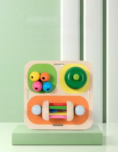 Close-up of 3-in-1 sensory wooden toy featuring a colorful xylophone and beads for toddlers