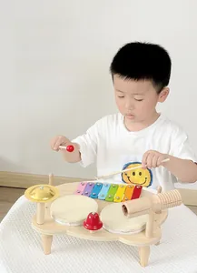 Toddler playing with wooden multi-functional musical toy set on a white rug