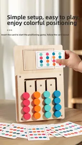 Toddler hand placing logic task card into wooden color matching sliding puzzle game