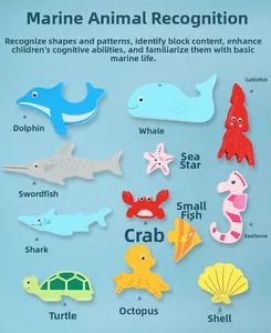 Detailed close-up of 12 colorful wooden sea animal puzzles for toddler learning