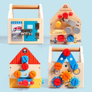 Multifunctional wooden toolkit house toy with screws and gears for fine motor skills