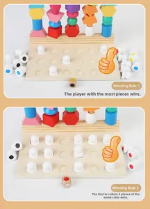 Détails d'un jeu de mémoire en bois avec blocs colorés et règles du jeu illustrées