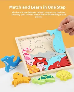 Detail of colorful marine animal wooden puzzle pieces on a base with hand interaction