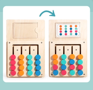 Detail of wooden logic game showing color matching slider beads and challenge cards