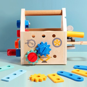 Kids multifunctional wooden toolbox toy with colorful bolts, nuts and gear mechanisms