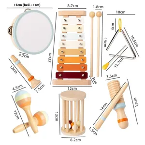 Detailed view of Orff musical instrument set with dimensions of xylophone and hand drum