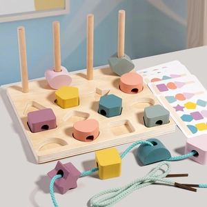 Wooden Montessori geometric shape sorter toy with colorful blocks and threading rope