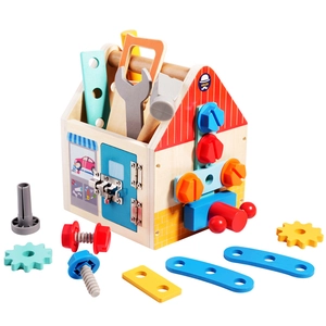 Multifunctional wooden toy toolbox for children with screw nuts and assembly tools