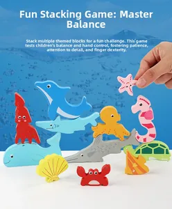 Detail showing ocean animal wooden blocks stacked to practice balance and grip skills