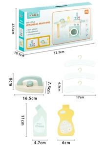 Detailed wooden iron, hangers, and detergent bottles for kids' laundry playset