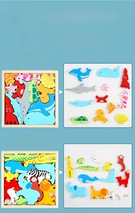 Detailed display of wooden animal puzzle sets featuring Ocean and Zoo themes in wood boxes