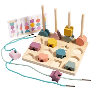 Wooden geometric shape sorting toy with macaron color blocks and lacing beads for toddlers