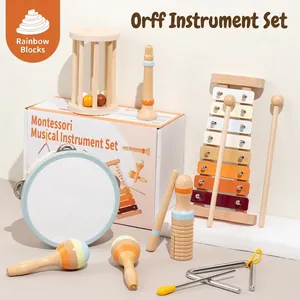 Wooden Musical Instrument Set For Kids Educational Percussion Toys Montessori Rhythm Set With Xylophone Tambourine Triangle Orff Early Learning Toy Gift