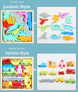 Detail of wooden cartoon puzzles showing colorful dinosaur and vehicle shapes for kids