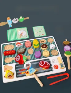 Macro detail of wooden BBQ toy set including grill base, colorful play food and order cards