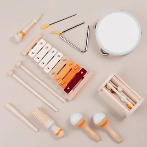 Orff musical instrument set for children with xylophone and tambourine in macaron colors