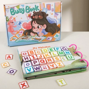Montessori busy book for toddlers featuring alphabet matching cards and colorful box