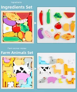 Detail of wooden animal and food puzzles set showing vibrant 3D pieces in wooden trays