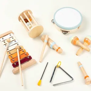 Educational wooden musical instrument set for children with pastel xylophone and tambourine