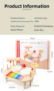 Detailed view of wooden musical percussion toy with xylophone, drum, and bell for kids
