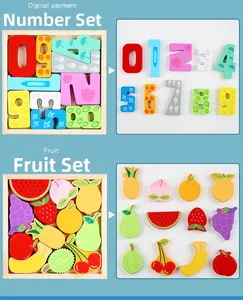 Detailed view of wooden alphabet and fruit puzzle sets with individual pieces and board