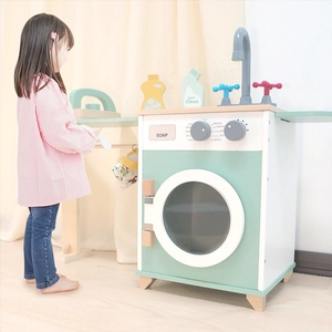 Wooden toy washing machine set for kids with detergent bottles and realistic controls
