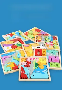 Detailed set of 8 cartoon wooden puzzles for toddlers including animals and transport