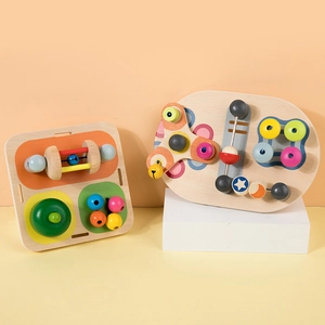 Educational Montessori wooden busy board for toddlers with colorful sensory motor activities