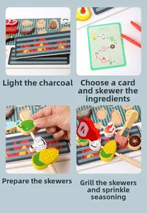 Detailed steps of wooden BBQ playset showing food assembly and motor skill training