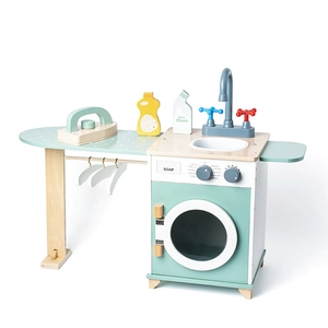 Kids wooden toy laundry set with washing machine sink and ironing board in mint green