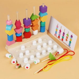 Jouet Montessori en bois à 5 colonnes avec formes géométriques et jeu d'enfilage