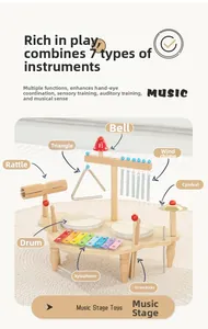 Detail of wooden musical toy set featuring xylophone, drums, and wind chimes for toddlers