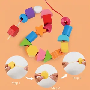 Blocs à lacer en bois colorés pour enfants avec formes géométriques et fil rouge