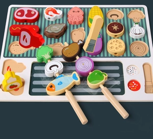 Detailed view of colorful wooden BBQ food blocks and skewer on a striped grill base