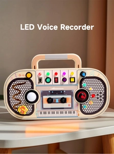 Detail of wooden LED voice recorder busy board with physical buttons and colorful switches