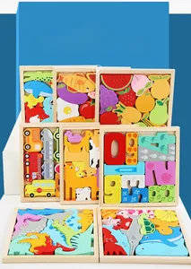 Set of eight themed wooden 3D animal and fruit puzzles for toddler sensory learning
