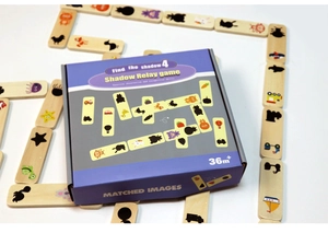 Detail view of wooden animal shadow matching blocks and durable game packaging box