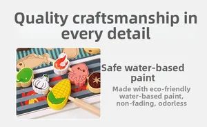 Detail of wooden BBQ toy food set featuring eco-friendly water-based paint and safe finishes