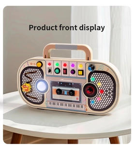 Detail view of wooden music player busy board with colorful LED buttons and knobs