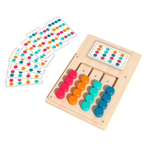 Wooden color matching logic game with 16 sliding blocks and pattern challenge cards