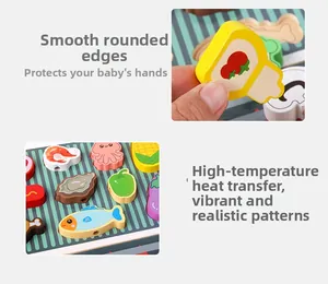 Detail of wooden play food with smooth edges and vibrant heat-transfer printed patterns