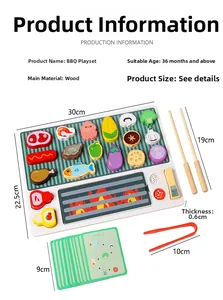 Detailed view of kids wooden BBQ play set accessories with magnetic food and tools